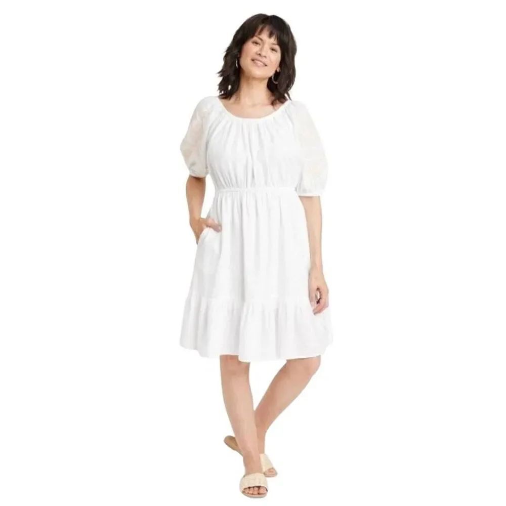 Knox Rose Women's White w Cream 3/4 Sleeve Lace Sundress Lined w Pockets NEW NWT